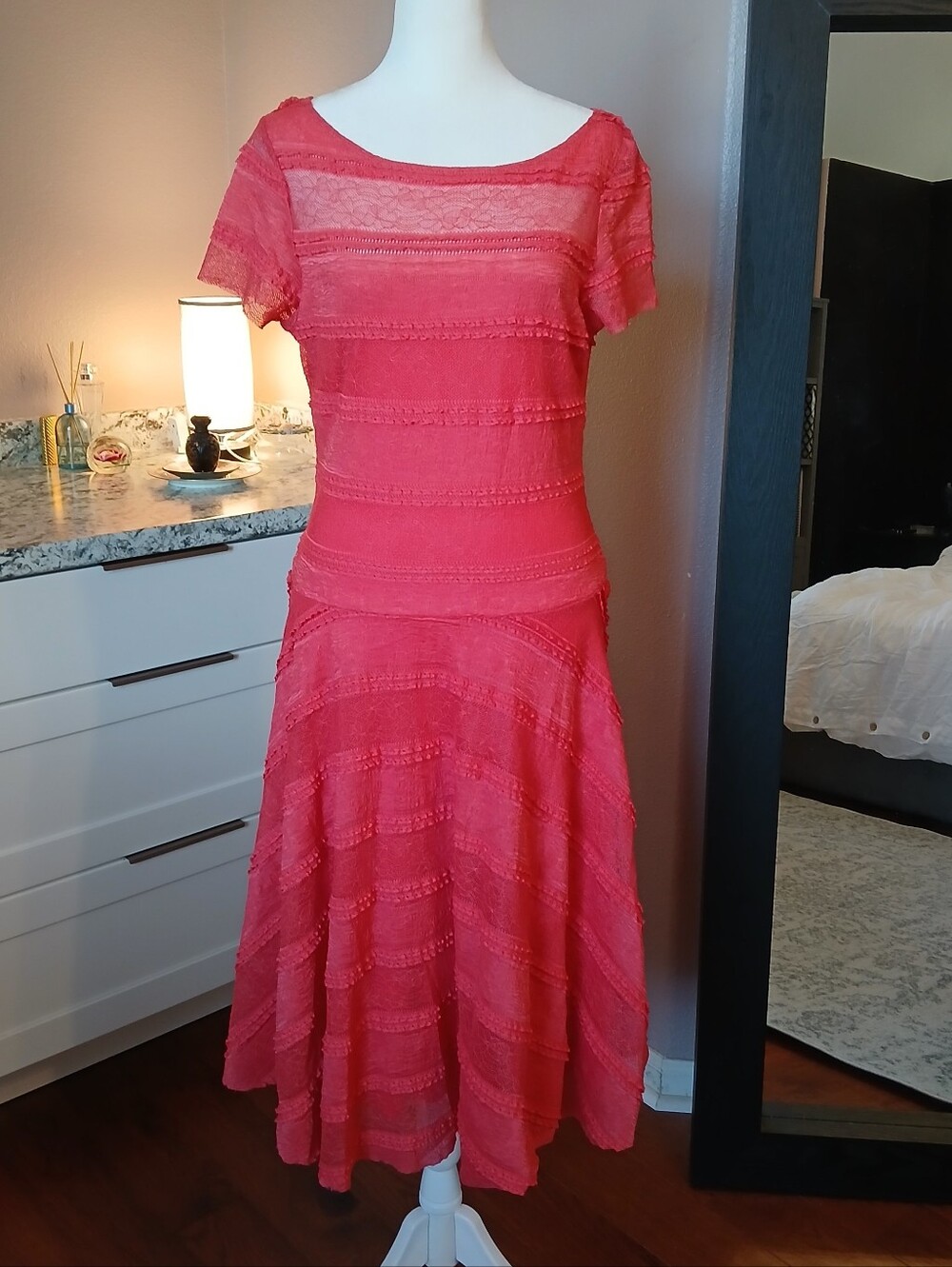 Sangria Coral Lace Layers Dress Sz 8 Salmon Color Short Sleeve Summer